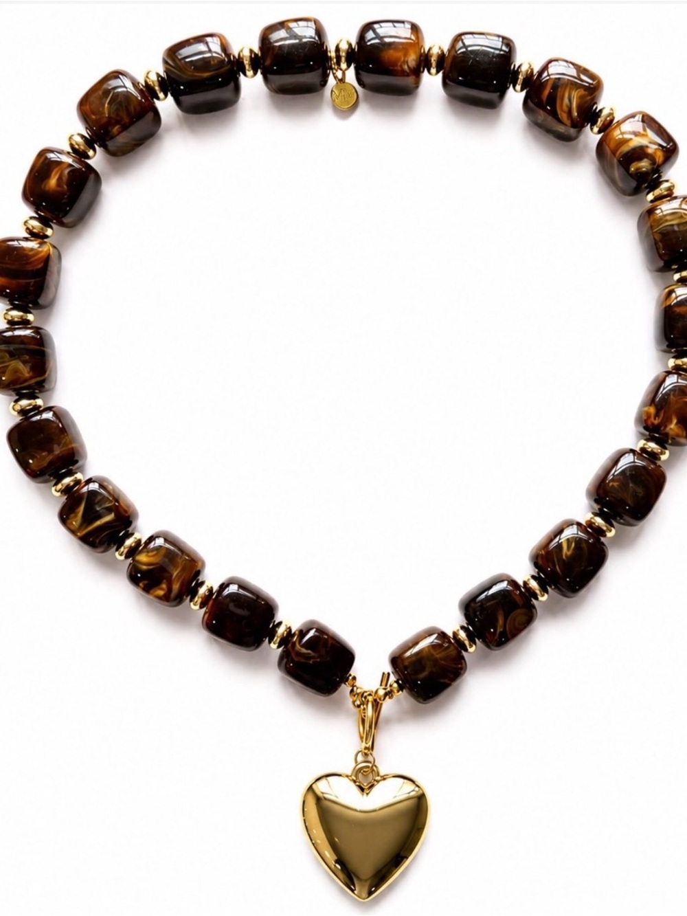 Gold Heart Pendant Toggle Necklace with Brown Beads - Women Jewelry